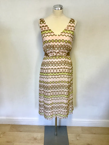 HOBBS INVITATION PINK,WHITE,LIME & BROWN SILK PRINT DRESS & PINK JACKET SIZE 12