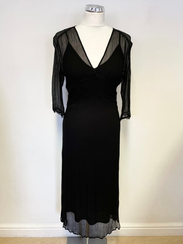 JIGSAW BLACK SHEER SILK MIDI DRESS WITH INNER SILK SLIP SIZE S