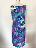 JACQUES VERT BLUE,TURQUOISE & PURPLE PRINT SLEEVELESS COWL NECK DRESS SIZE 14