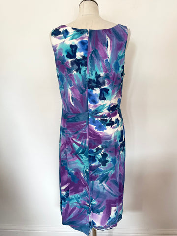 JACQUES VERT BLUE,TURQUOISE & PURPLE PRINT SLEEVELESS COWL NECK DRESS SIZE 14
