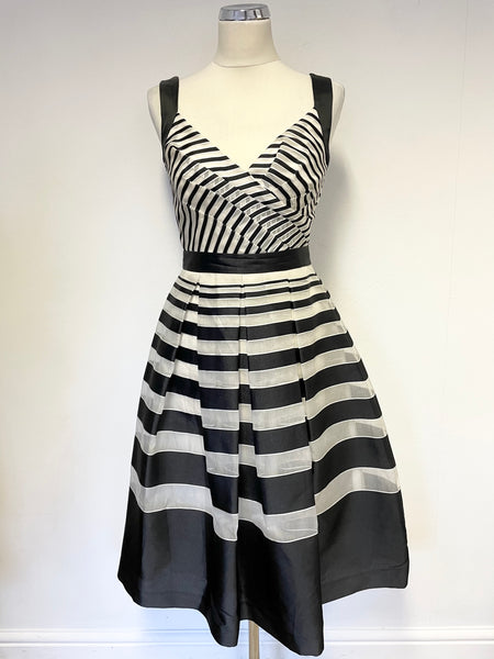 HOBBS INVITATION BLACK & IVORY STRIPE SLEEVELESS FIT & FLARE OCCASION DRESS SIZE 8