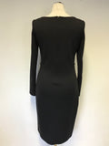 DESIGNER ST JOHN BLACK WOOL BLEND LONG SLEEVE FRILL TRIM PENCIL DRESS  UK 8/10