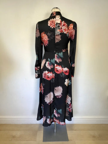 BRAND NEW ZARA BLACK FLORAL PRINT SATIN LONG SLEEVE DRESS SIZE M