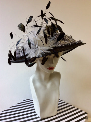 VICTORIA ANN BLACK & WHITE WEAVE WITH FEATHERS WIDE BRIM FORMAL HAT