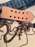 ALL SAINTS DUCK EGG PLAITED LEATHER BELT WITH HANGING CHAINS & PENDANTS