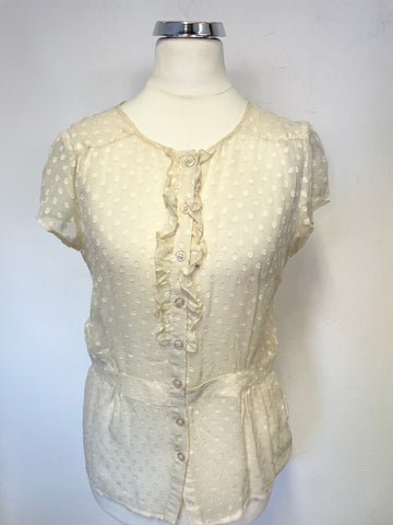 IN WEAR CREAM SPOT SILK BLEND RUFFLE TRIM CAP SLEEVED BLOUSE SIZE 8