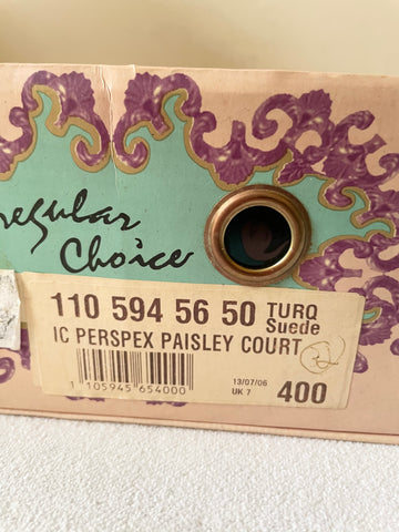 IRREGULAR CHOICE TURQUOISE & GOLD PAISLEY PRINT PERSPEX HEELS SIDE 7/40