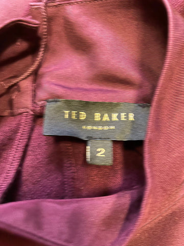 TED BAKER BABRI MAROON SILK FRONT TIE NECK FINE KNIT JUMPER SIZE 2 UK 10/12