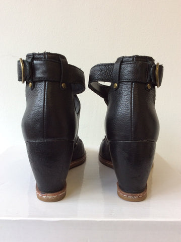 CLARKS BLACK LEATHER PEEPTOE WEDGE HEEL SANDALS SIZE 4.5/37.5