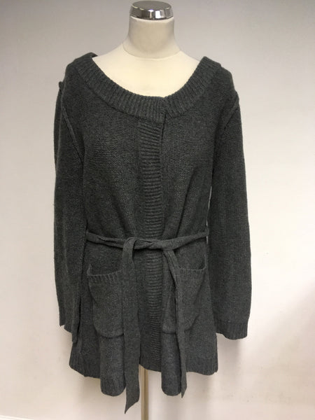 HOBBS DARK GREY TIE BELT WOOL CARDIGAN SIZE XL