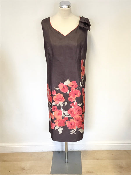 JACQUES VERT BROWN WITH ORANGE,RED & PINK FLORAL PRINT SHIFT DRESS SIZE 22