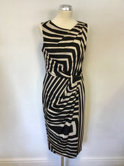 PLANET BLACK & BEIGE STRIPED DRAPED FRONT STRETCH PENCIL DRESS SIZE 10