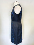 HOBBS INVITATION BLACK & BLUE DAMASK PRINT PANEL SLEEVELESS PENCIL DRESS SIZE 12