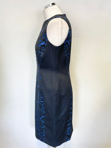 HOBBS INVITATION BLACK & BLUE DAMASK PRINT PANEL SLEEVELESS PENCIL DRESS SIZE 12
