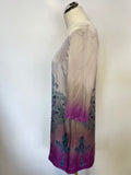MONSOON CREAM & PURPLE PAISLEY PRINT HALF SLEEVE SILK SHIFT DRESS SIZE 16