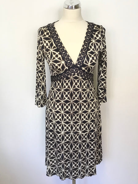 LK BENNETT BLACK,BROWN,WHITE & BLUE PRINT 3/4 SLEEVE DRESS SIZE 10