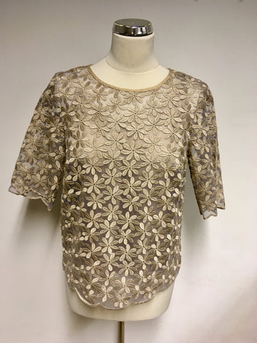 BODEN GOLD LUREX DAISY EMBROIDERED MESH OVERLAYER SHORT SLEEVE TOP SIZE S