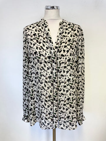 REISS BELVA IVORY GREEN, BLACK PRINT V NECK LONG SLEEVED BLOUSE SIZE 14