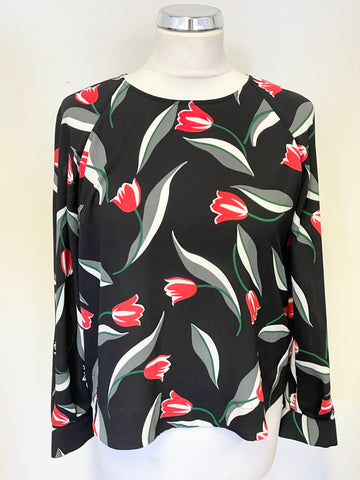 WHISTLES BLACK & RED TULIP PRINT LONG SLEEVED TOP SIZE 10