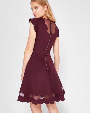 TED BAKER SHARLOT MAROON MESH INSERT SKATER DRESS SIZE 4 UK 14