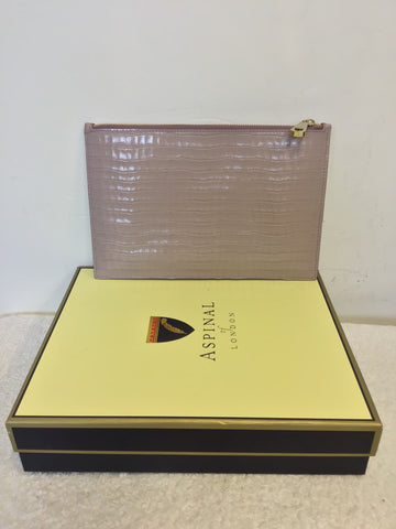 BRAND NEW IN BOX ASPINAL LEATHER ESSENTIAL FLAT POUCH/CLUTCH IN LILAC CROC