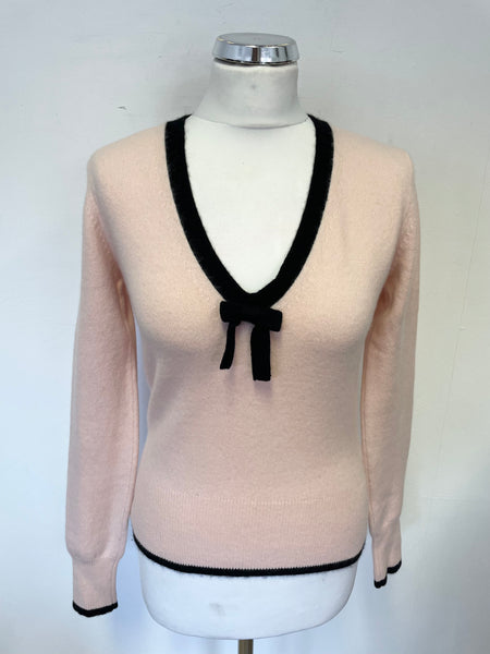 WHISTLES PALE PINK & BLACK TRIM CASHMERE LONG SLEEVE JUMPER SIZE 2 UK 10/12