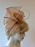 J BEES MILLINARY DUSKY PINK ROSE TRIM & BLUE COIL FASCINATOR