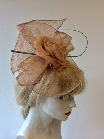J BEES MILLINARY DUSKY PINK ROSE TRIM & BLUE COIL FASCINATOR