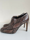 LK BENNETT BROWN SNAKESKIN LEATHER ZIP SIDE HEELS SIZE 3.5/36