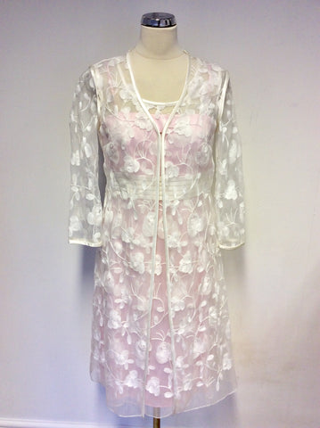 BRAND NEW DRESS CODE BY VEROMIA PINK LINED & SHEER WHITE EMBROIDERED OVERLAY DRESS & SHEER DUSTER COAT SIZE 18