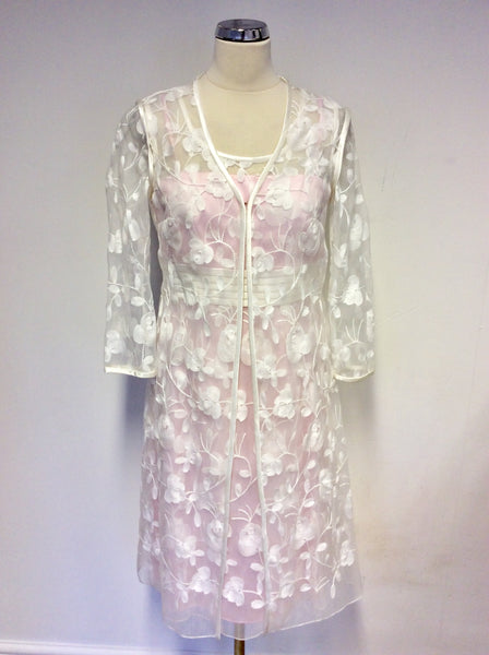 BRAND NEW DRESS CODE BY VEROMIA PINK LINED & SHEER WHITE EMBROIDERED OVERLAY DRESS & SHEER DUSTER COAT SIZE 16