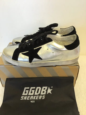 BRAND NEW GOLDEN GOOSE SUPERSTAR SILVER METALLIC & BLACK SUEDE TRIM TRAINERS SIZE 7.5/41 BUT FIT UK 7