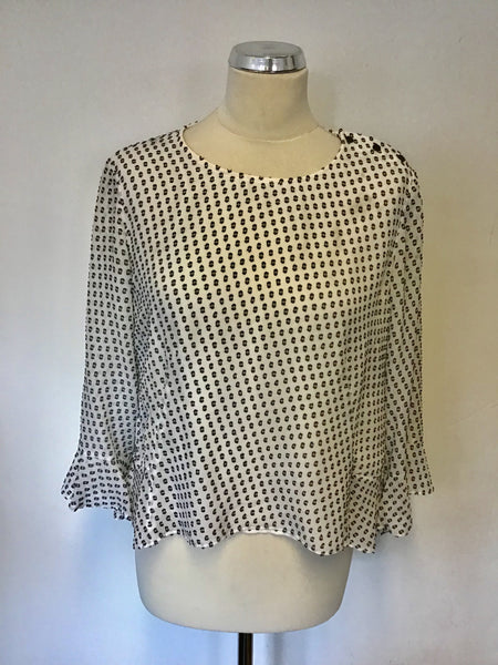 WHISTLES WHITE & NAVY BLUE PRINT SILK BLEND 3/4 SLEEVE TOP SIZE 14