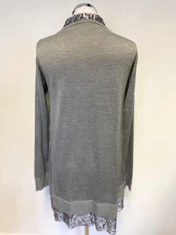 TWIN-SET SIMONA BARBIERI GREY 100% SILK SEQUIN TRIMMED LONG CARDIGAN SIZE XL