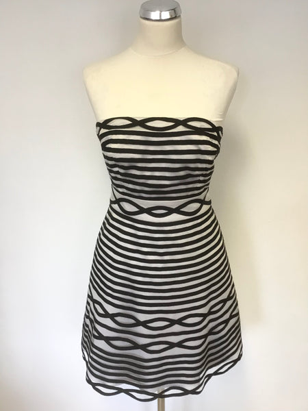KAREN MILLEN BLACK & SILVER MESH OVERLAY STRAPLESS / STRAPPY FIT & FLARE SPECIAL OCCASION DRESS SIZE 10