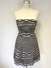 KAREN MILLEN BLACK & SILVER MESH OVERLAY STRAPLESS / STRAPPY FIT & FLARE SPECIAL OCCASION DRESS SIZE 10