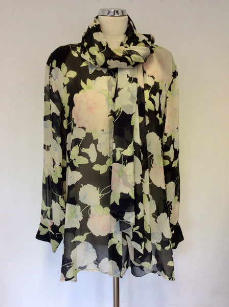 MARINA RINALDI BLACK & FLORAL PRINT SILK BLOUSE & MATCHING SCARF SIZE 20