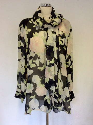 MARINA RINALDI BLACK & FLORAL PRINT SILK BLOUSE & MATCHING SCARF SIZE 20