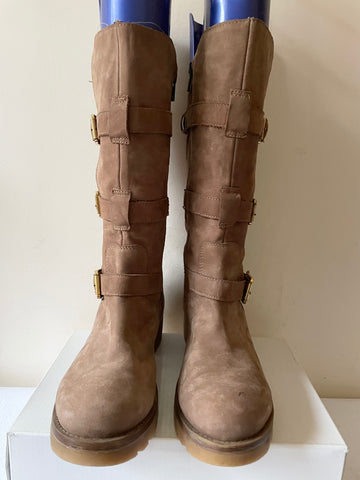 DANIEL LIGHT BROWN MOLESKIN LEATHER BUCKLE STRAP TRIM CALF LENGTH BIKER BOOTS SIZE 4/37