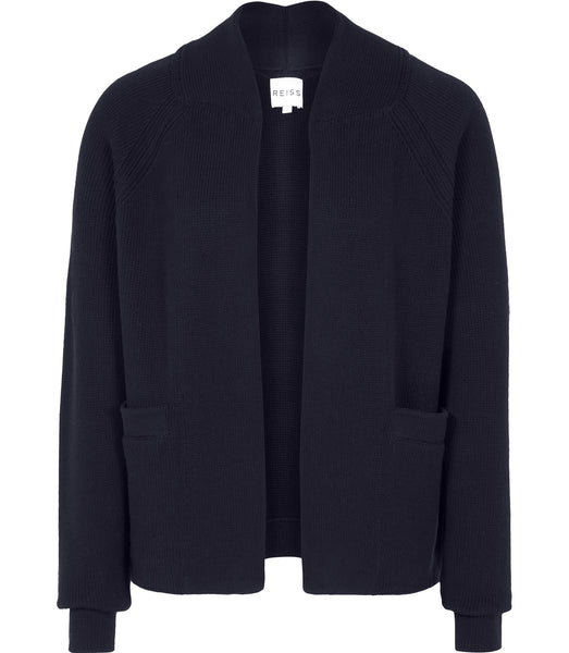 REISS NAVY BLUE KIRT SHORT MILANO STITCH CROPPED JACKET/ CARDIGAN SIZE XS