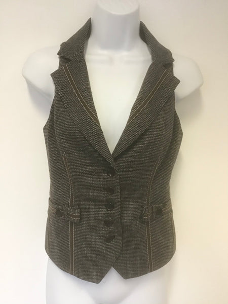 KAREN MILLEN BLACK & BROWN TWEED WOOL BLEND WAISTCOAT SIZE 6