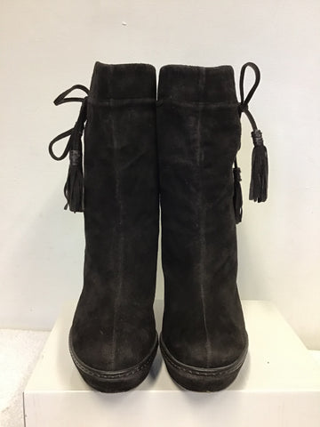 KAREN MILLEN DARK BROWN SUEDE TASSEL TRIM CALF LENGTH BOOTS SIZE 5/38