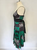 TED BAKER BLACK,GREY & GREEN PRINT SILK STRAPPY SPECIAL OCCASION DRESS SIZE 2 UK 10