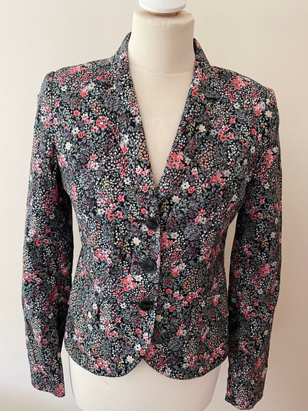 JACK WILLS BLACK & MULTI COLOURED FLORAL PRINT COTTON FITTED JACKETS SIZE 10