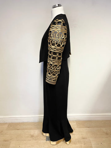 HELEN SYKES BLACK & GOLD BRAID TRIMMED LONG EVENING DRESS & MATCHING BOLERO JACKET SIZE 16