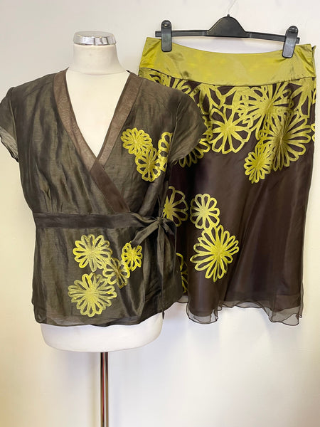 MONSOON SILK BROWN & LIME GREEN APPLIQUÉ WRAP AROUND TOP & A LINE SKIRT SIZE 14