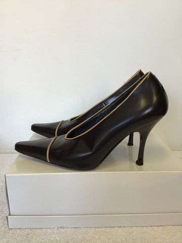 GUESS DARK BROWN & CAMEL TRIM ALL LEATHER HEELS SIZE 5/38