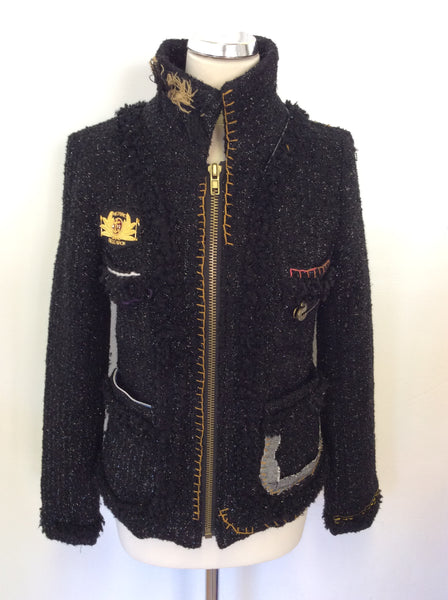 DESIGUAL BLACK EMBELISHED ZIP UP WOOL BLEND JACKET SIZE 40 UK 12