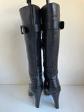 KAREN MILLEN BLACK LEATHER BUCKLE TRIM HEELED KNEE LENGTH BOOTS SIZE 5/38
