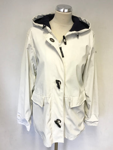 BATELA WHITE & NAVY BLUE LINED HOODED WATERPROOF NAUTICAL JACKET SIZE 40 UK 12